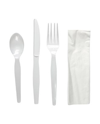 Eco-Friendly PLA Knife, Fork, Spoon, Napkin, Salt, and Pepper Set.