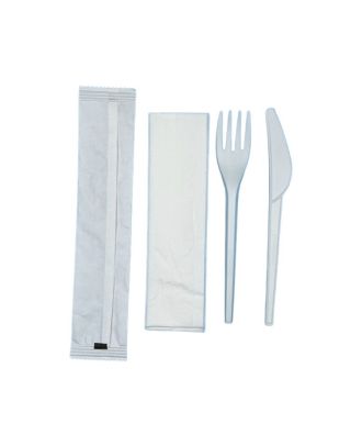 Eco-Friendly PLA Cutlery Set with Knife, Fork, and Napkin.